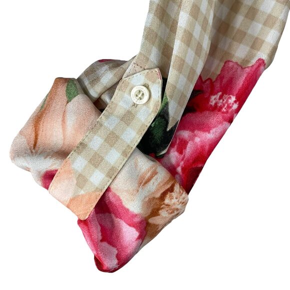 Calvin Klein Small Top Floral Checked Long Roll-Tab Sleeves V-Neck Button-Up - Picture 8 of 12